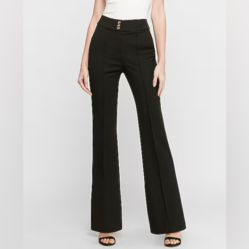 Express Black High-Waisted Gold Button Ribbed Flare Pant Size 0 L Long